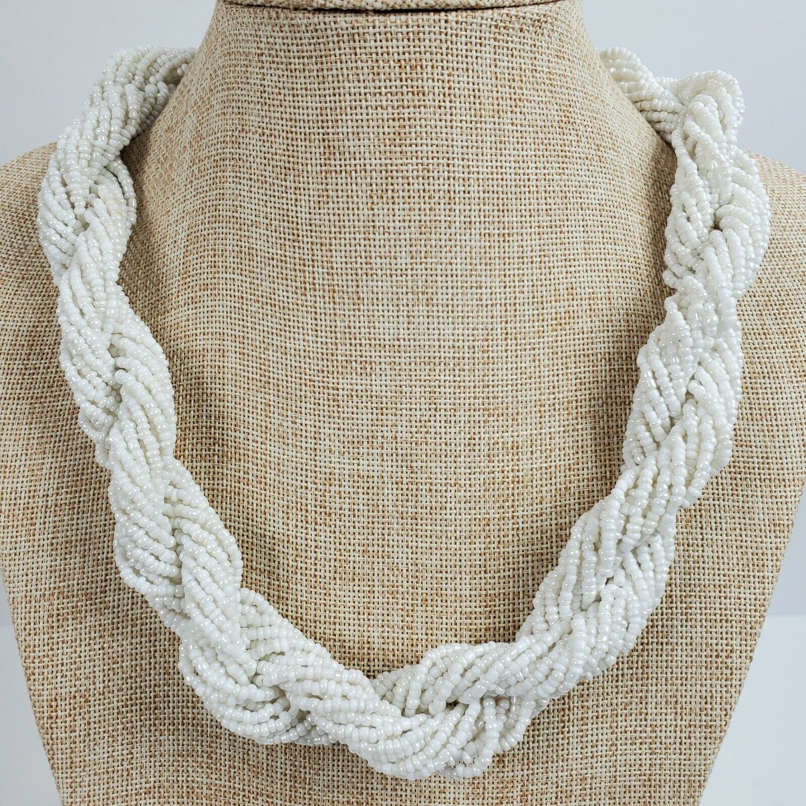 Vintage Tribal Native Glass Seed Bead White Rope Style Statement Necklace 23